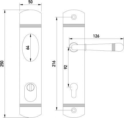 tecnoGRIFF Art dèco Sicherheitsgarnitur EMILY 70-209-03 ZAMAK 92 in matt vernickelt MMN, Nickel poliert MPN PVD  oder Chrom poliert MPC für Haustüren